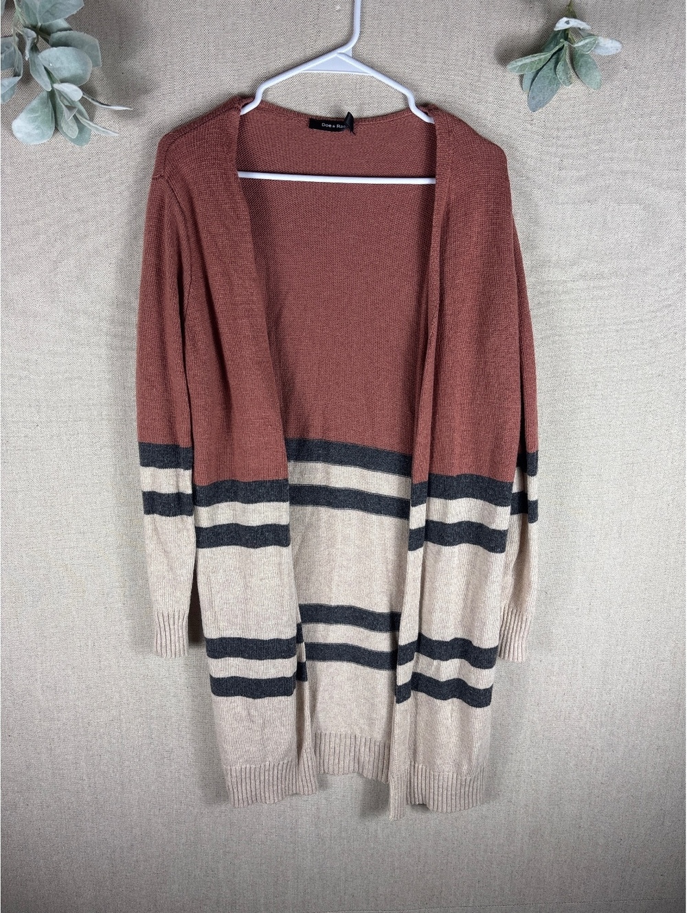 Doe & Rae > Clay Tan and Gray Long Striped Cashmere Cardigan Medium